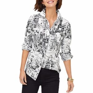 Talbots Paris Print Button Front Shirt Size 16 Black White Eiffel Tower Blouse